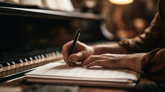 Warm light bathes hands writing by piano keys