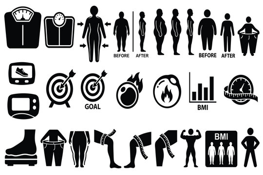 Weight loss journey and body fitness transformation silhouette vector icon set