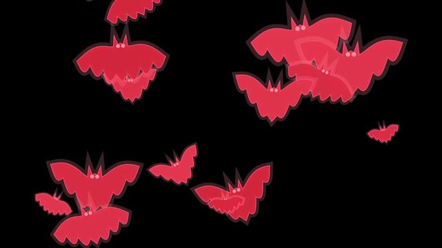 Cartoon red bats flying upward against black background for halloween projects