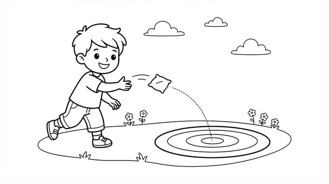 Little boy playing bean bag toss game in a park coloring page for kids
