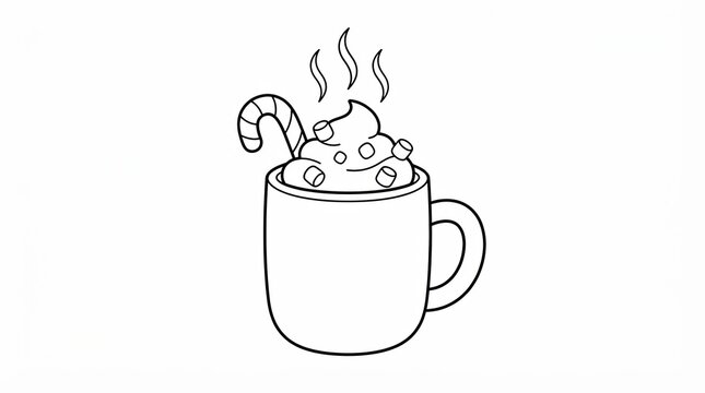 Hot chocolate mug with marshmallows and candy cane line art drawing