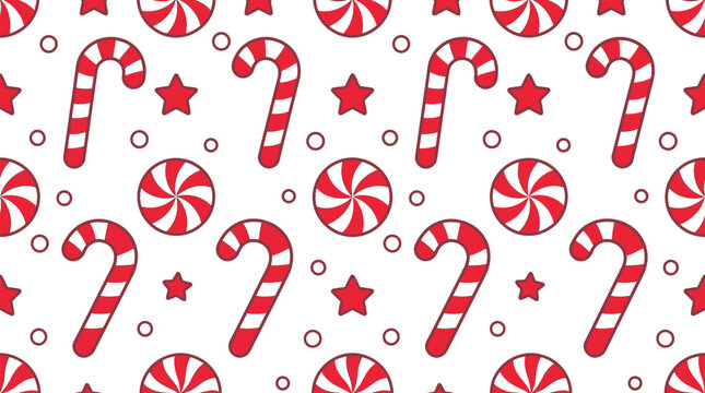 Christmas Candy Cane Seamless Pattern, Red Peppermint Candies and Stars Winter Holiday Vector Wallpape