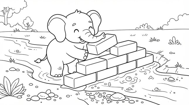 Cute cartoon elephant building a wall with bricks in a simple nature scene