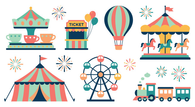 Amusement park carnival fair attractions set elements.
