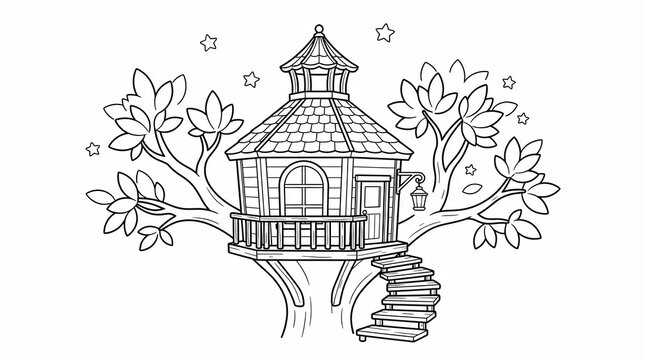 Cute wooden treehouse with stairs and balcony for kids coloring page