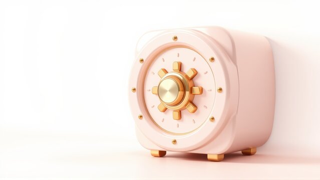 Pink safe sits upon surface. Golden dial prominent, secure object suggests protection, valuables inside. Minimalist aesthetic.