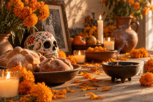 Traditional Day of the Dead Ofrenda with Marigolds and Pan de Muerto