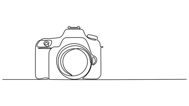 Camera icon in continuous animation line style. Line art of photo camera icon, Video. One continuous editable line drawing of a professional camera. Animation on white background. Full length single. 