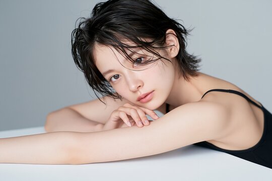 クールな眼差し濡れ髪ショートヘア日本人女性のビューティーポートレート