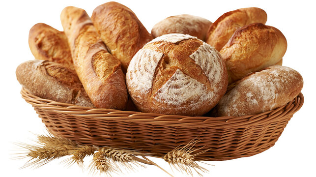 Assorted fresh artisan bread loaves in a woven wicker basket with wheat stalks