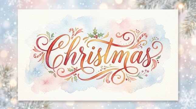 Beautiful festive christmas watercolor illustration presented in a clean white frame against a soft pastel colored background