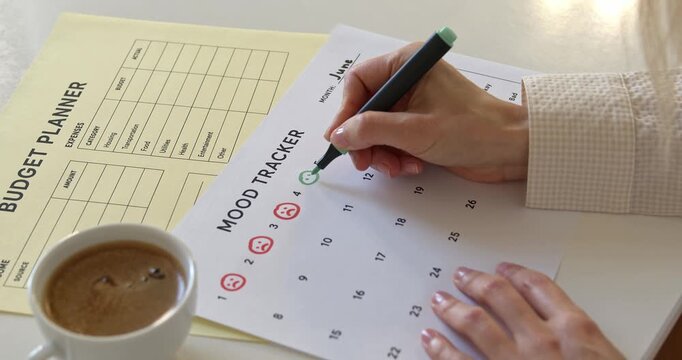 Woman hand drawing happy face with green marker on monthly mood tracker tracker next to coffee cup.