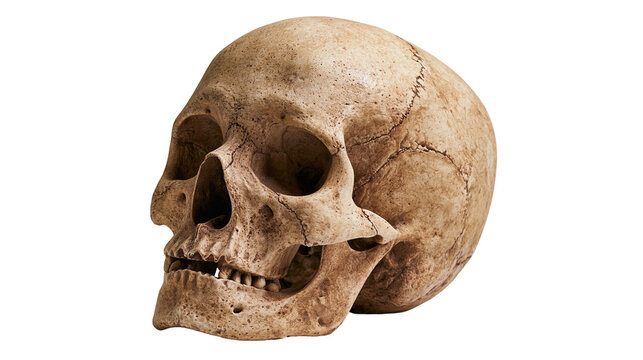Weathered human skull with detailed bone texture and sutures