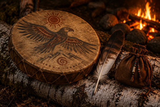 Shamanic frame drum with painted hide on birch log, spiritual and ritual tradition concept