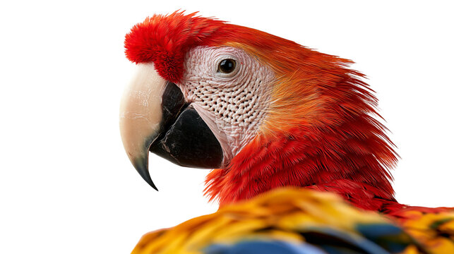 Close up portrait of a vibrant red scarlet macaw parrot head with detailed feathers