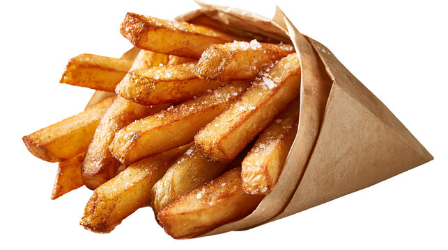 Golden crispy salted french fries in a brown paper cone