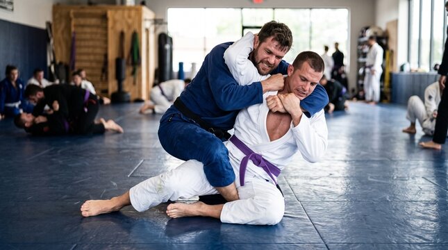 Male martial arts practitioners training rear naked choke submission in a gym