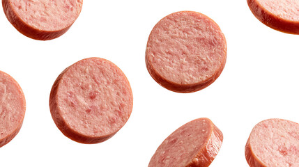 Fresh sliced round bologna sausage pieces arranged in a pattern © Motruc