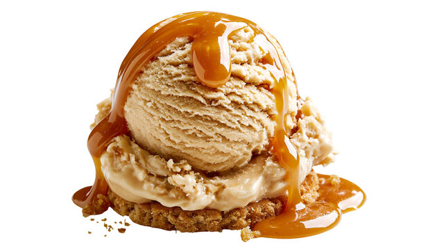 Single scoop of salted caramel ice cream on a crunchy cookie with syrup drizzle