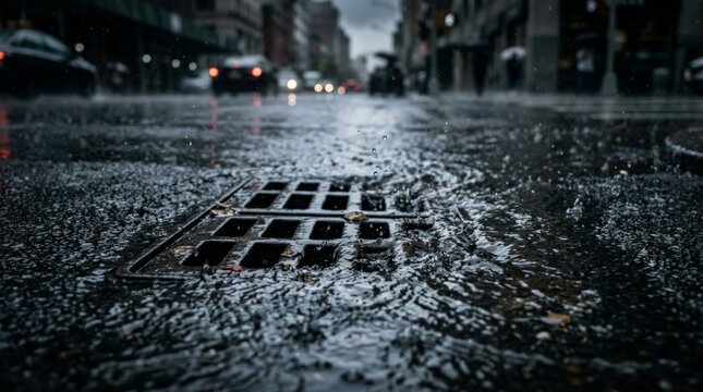 A close up view of a rain soaked street storm drain with a fallen leaves gutter during a heavy downpour, capturing water splashing and rippling across the dark asphalt surface