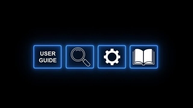 Glowing neon user guide icon set with search magnifying glass gear settings and open book manual on black background.4k