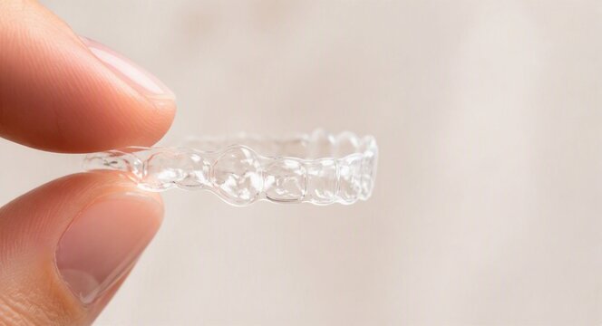 Close-up of a person holding a clear dental aligner or invisible brace