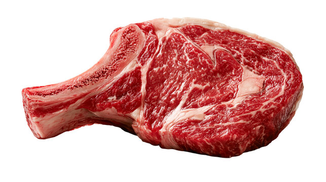 Raw bone-in ribeye steak with marbled red meat and white fat