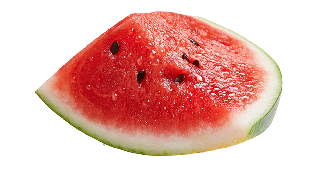Fresh juicy triangular slice of red watermelon with black seeds and green rind