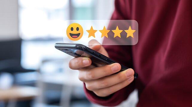 Customer satisfaction concept with smartphone review showing smiley face and five star rating