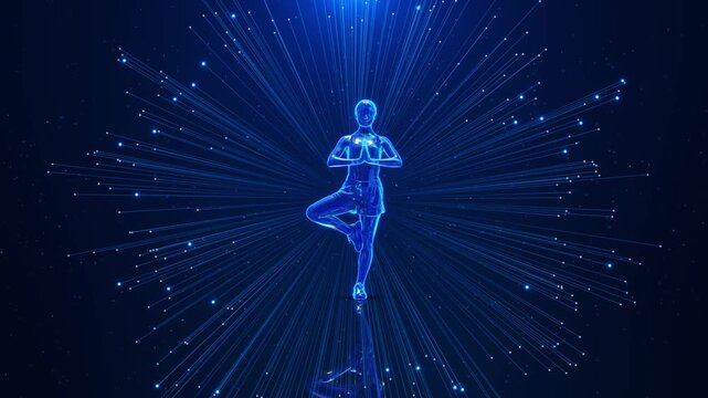 Digital particle human silhouette practicing yoga tree pose