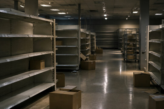 Empty retail shelves with cardboard boxes in closed store, divest and liquidation concept