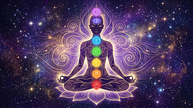 Meditating Silhouette with Glowing Chakra Energy Against Cosmic Background
