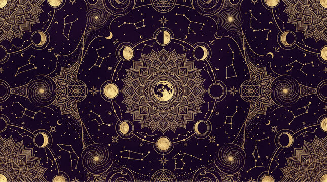 Seamless Cosmic Mandala Pattern with Moon Phases and Constellations