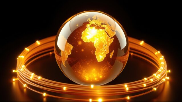 Glowing earth inside glass sphere. Orange light radiates, encircling planet with bright ring. Dark background emphasizes luminosity.