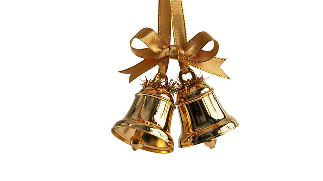 Shiny golden Christmas bells with a decorative ribbon bow