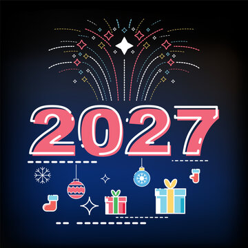 Red numerals with white outlines: 2027. Art banner, Happy New Year 2027. Dark blue background design. Line art pattern featuring a snowman and gifts. Holiday poster. Calendar elements. Vector illustra