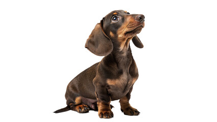 Small brown dachshund puppy dog standing sideways portrait isolated on transparent background © Olivia Wilson