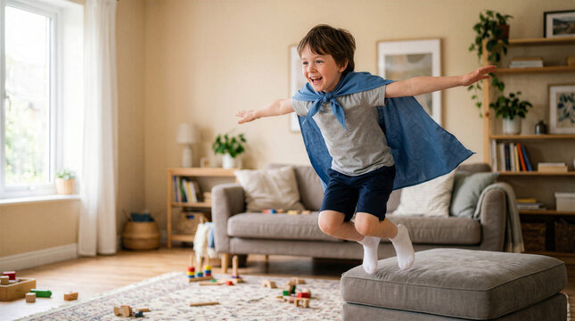 Boy in blue cape pretending to fly while jumping on ottoman in living room on beige background