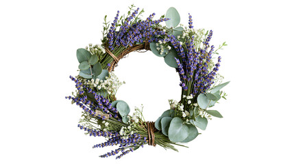 Lavender and eucalyptus wreath with white baby breath flowers on twig base © Motruc