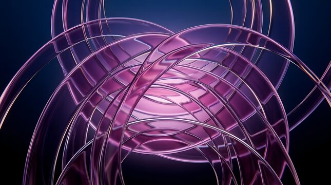 3D render of overlapping glass arcs in violet magenta tones with diffused backlight against a dark gradient background