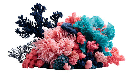 Vibrant pink and teal coral reef cluster with dark blue branching sea fan © Motruc