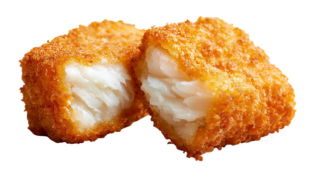 Golden crispy breaded fish fillet pieces with flaky white meat texture