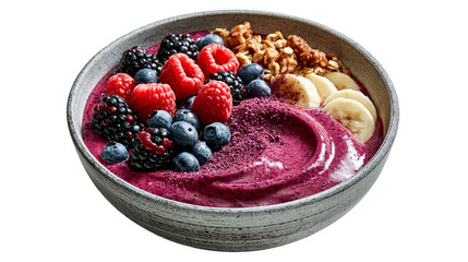 Acai berry smoothie bowl topped with fresh raspberries blueberries blackberries and granola © Motruc