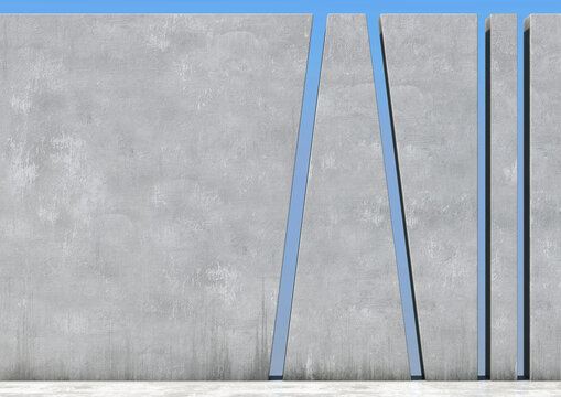 Minimal Brutalist Concrete Wall with Massive Vertical Slabs and Geometric Gaps, 3D Rendering