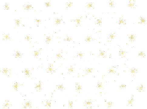 Abstract gold starbursts and dust particles scattered on a clean white background with soft lighting