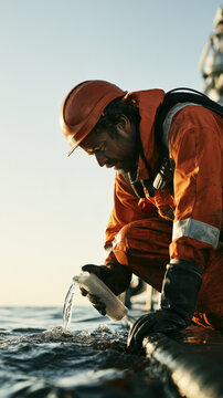 Worker in orange gear bends low, collecting water from ocean surface