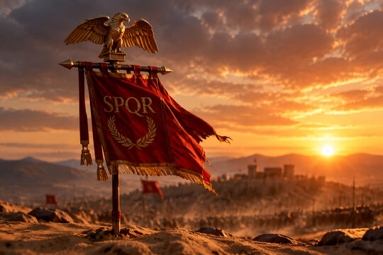 A red Roman legionary standard with a golden eagle planted in sandy soil.