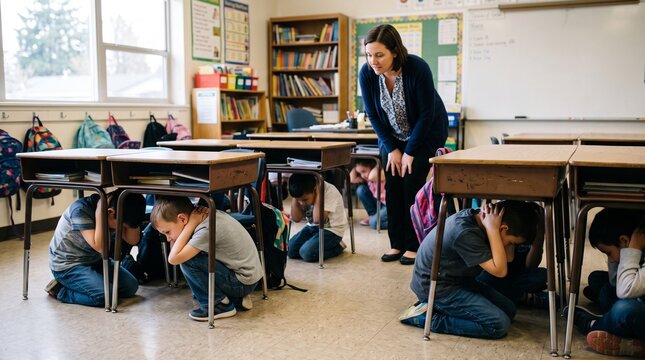 Schoolchild ducking under desk during earthquake safety drill