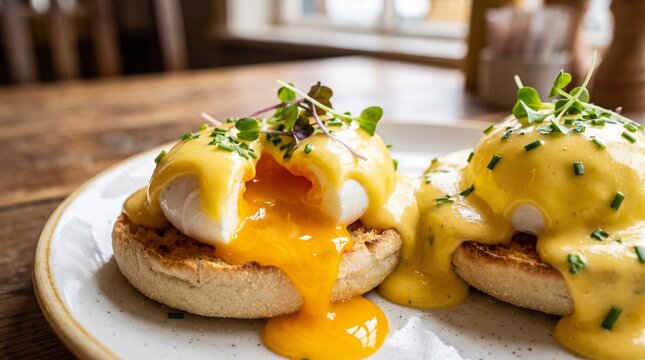 Close-up of classic eggs benedict with a dripping runny yolk, hollandaise sauce, and microgreens on a toasted English muffin in a cafe setting.   
