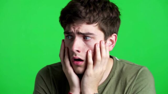 Shocked man reacting with wide eyes and open mouth on green screen